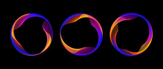 Wall Mural - neon iridescent blend circle line set. shimmering glowing round tech frame collection. curved wavy c
