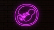 Purple glowing child from the future and a placenta in the uterus. Glowing neon embryo child icon in line style. A human baby in the womb