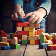 Wall Mural - A childs hands playing with building blocks. 