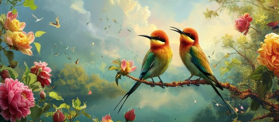 Wall Mural - Two songbirds with colorful feathers are perched on a twig in a painting, their wings spread against the sky in a serene natural landscape.