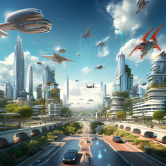 Canvas Print - A futuristic cityscape with flying cars. 