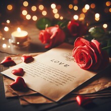 Beautiful Red Rose And Letter With Declaration Of Love, Burning Candles On The Table, Red Beautiful 3D Hearts, Wonderful Bokeh, Dim Light, Valentine's Day 