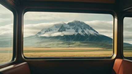 Canvas Print - A view of a mountain from a train window. Generative AI.