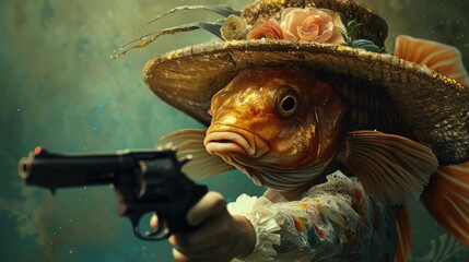 Wall Mural - A whimsical angelfish wearing a hat, clutching a gun with a quirky and playful demeanor, Ai Generated.