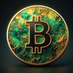 Bitcoin symbol is golden and appears to be metallic, with a shiny surface reflecting light