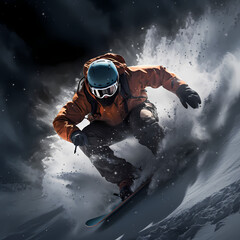 Canvas Print - Dynamic shot of a snowboarder carving down a mountain