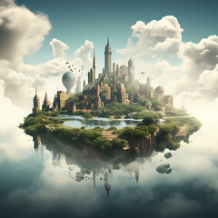 Wall Mural - Surreal composite of a city skyline with floating islands