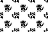 Fototapeta  - Seamless monochrome pattern with cute baby raccoon character with flower wreath on head. Black and white vector childish illustration for kids