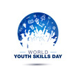 © New concept & ideas - Youth Skills Day, 15 July. World Youth Skills Day text with Young students and teachers celebrating success.