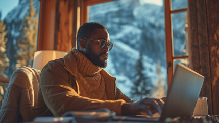 Wall Mural - African American entrepreneur working remotely from a breathtaking mountain view, proving that work can happen from anywhere.