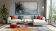 contemporary living room features a large abstract painting, plush modular sofa, and a sleek dark coffee table.