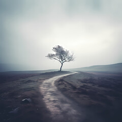 Poster - A lone tree in a foggy moody landscape.