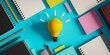 © AddMeshCube - Concept background with study items and light bulb on desk. 3d rendering