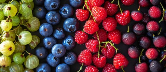 Canvas Print - Assorted berries arranged on the table, including blueberries, gooseberries, raspberries, black currants, viewed from above for a nutritious breakfast.