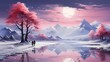 A frozen lake with a lone ice fisherman, surrounded by snow-covered hills and a serene winter sky painted in shades of pink and blue