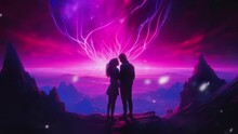 Silhouette Couple With A Fantasy Background On A Neon-colored Planet. Valentine's Day