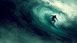 Dramatic artistic illustration of a surfer riding a giant wave. intense, moody atmosphere with dynamic brush strokes. perfect for posters, wallpapers. AI