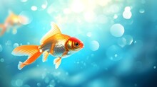 Bright Orange Goldfish Swimming In Vivid Blue Water, Bubbles Around. Fresh, Vibrant Image Perfect For Decor And Design. AI