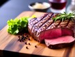 Medium well steak on wooden dish with herbs and spices. generative ai