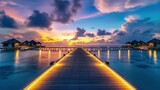Fototapeta  - Amazing sunset panorama Maldives. Luxury resort villas pier path seascape soft led lights under colorful sky. Beautiful twilight sky fantastic clouds. Majestic beach background best vacation holiday