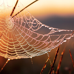 Sticker - Macro shot of a dew-covered spiderweb at sunrise. 