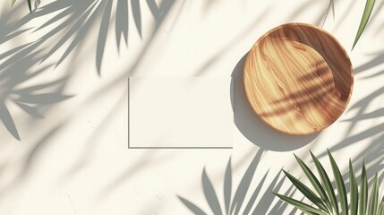 Wall Mural - Top view blank white greeting card and wooden plate texture mock-up with palm leaves branch and shadows on white wall