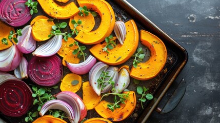 Wall Mural - Roasted autumn vegetables on a baking sheet.