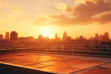 Wall Mural - Summer sun blurs golden hour hot sky at sunset with a city rooftop view in the background, Ai generated