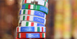A stack of bracelets or armlets in Italian colors of flag green, red, white in souvenir shop in Italy.