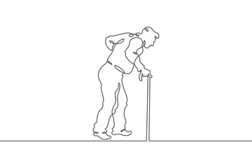 Old man with a stick. An elderly man walks with a cane. Pensioner.One continuous line . Line art. Minimal single line.White background. One line drawing.