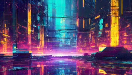 Wall Mural - background with lights, vhs neon distorted cyberpunk glitch wallpaper background
