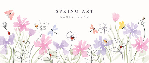 Wall Mural - Abstract spring floral art background vector illustration. Watercolor hand painted botanical flower, leaves, insect, butterflies. Design for wallpaper, poster, banner, card, print, web and packaging.