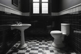 Fototapeta  - A minimalist WC adorned with stylish monochrome tiles and a petite sink. Created with generative AI.
