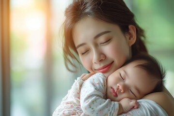 Wall Mural - Happy Asian mother holding a cute newborn baby sleep on arm comfort and safety. Happy infant baby sleep with mother standing near windows warm and relax. Good moment.