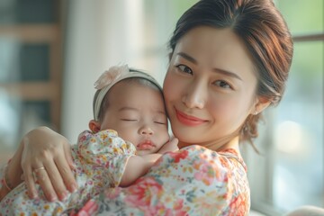 Wall Mural - Happy Asian mother holding a cute newborn baby sleep on arm comfort and safety. Happy infant baby sleep with mother standing near windows warm and relax. Good moment.