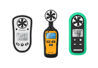 Digital anemometer wind speed measuring device with display set realistic vector illustration