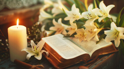 Wall Mural - Candlelight Bible and White Lilies, A candle illuminates an open Bible among white lilies, symbolizing purity and faith.