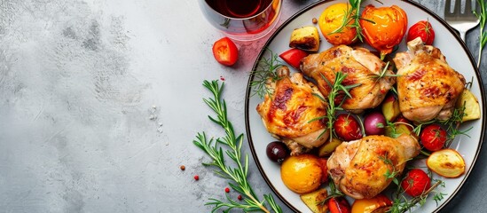 Canvas Print - Chicken with veggies and wine on a gray backdrop