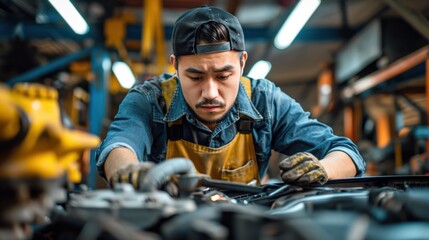 Wall Mural - Man repairing a car in auto repair shop. Young Asian man in his workshop.