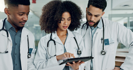 Poster - Tablet, team doctors and woman typing, reading or teamwork on medicine study, cardiology research or healthcare. Cooperation, hospital and medical surgeon, nurse or clinic group review online service