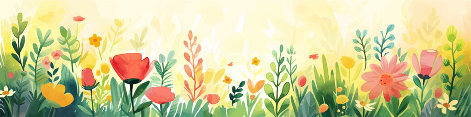 Rural spring landscape with a river and green meadows. Vector watercolor illustration.