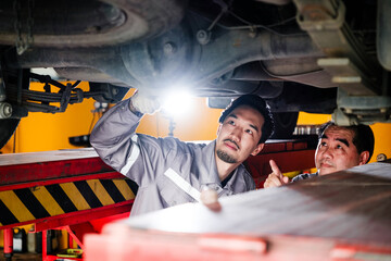 Diversity mechanic teamwork, a Thai and Japanese man in yellow and blue uniforms. A Thai man inspects the car bottom with his Japanese assistant. Automobile repairing service. Vehicle maintenance.