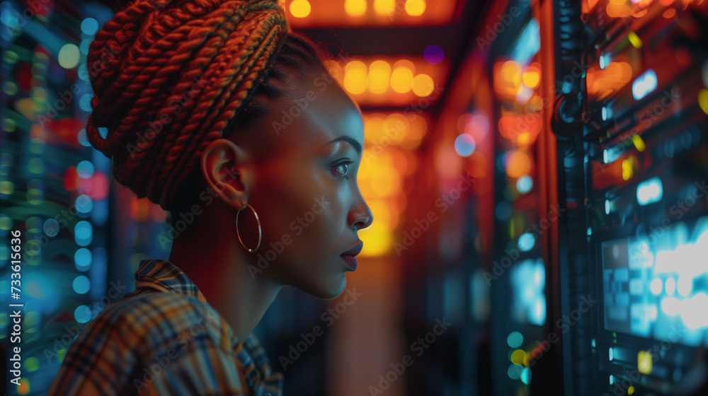 Laptop, network and data center with a black woman it support engineer ...