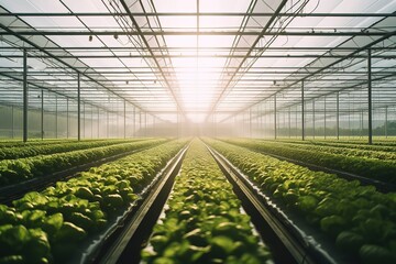 rows of hydroponic farming crops greenhouse