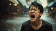 upset Asian man screaming, crying at street under rain. shock and emotional breakdown, depression