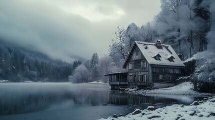 Wall Mural - Timbered house in the midst of winter on a moody lake 