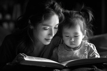 Canvas Print - Mother and her daughter reading  bible ,family worship or woman studying, reading book or learning God in religion