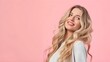 © PSCL RDL - Smiling young woman with blonde long groomed hair isolated on pastel flat background with copy space. Blonde hair care products banner template, hair salon.