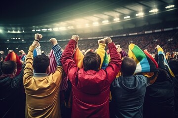 Canvas Print - Group of football fans are cheering for their team victory mix colour t shirt. Generative ai