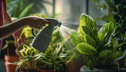 Wall Mural - Female hands spray watering plants at home